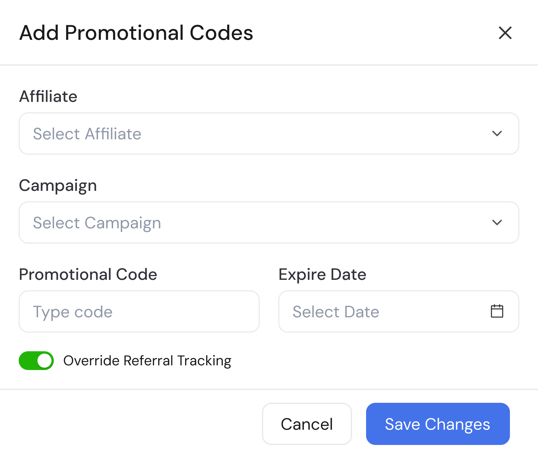 Add promotional codes dialog with affiliate, campaign, code, expiry, and override referral tracking toggle