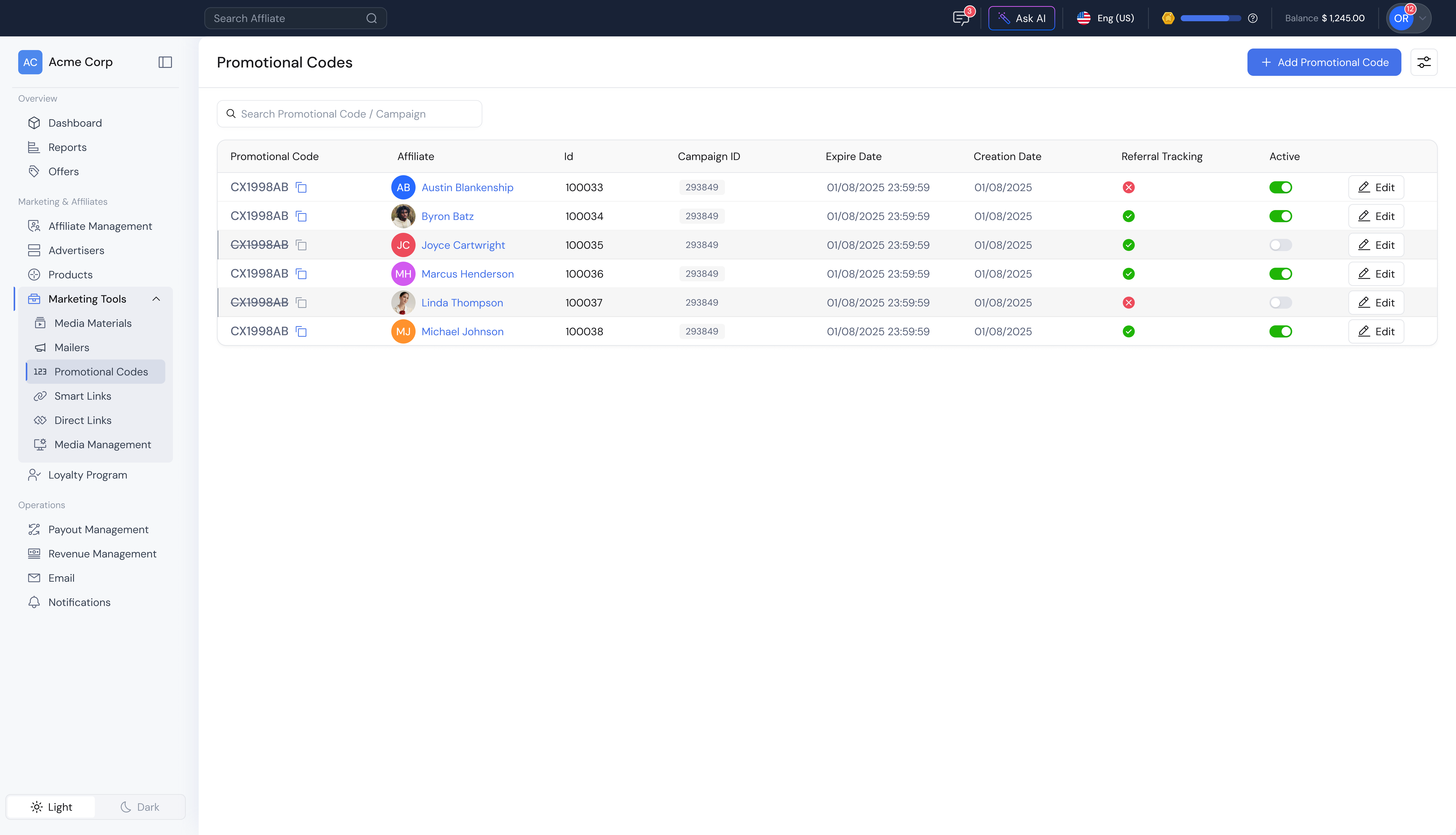 Track360 promotional codes management with affiliate assignment, campaign tracking and referral tracking