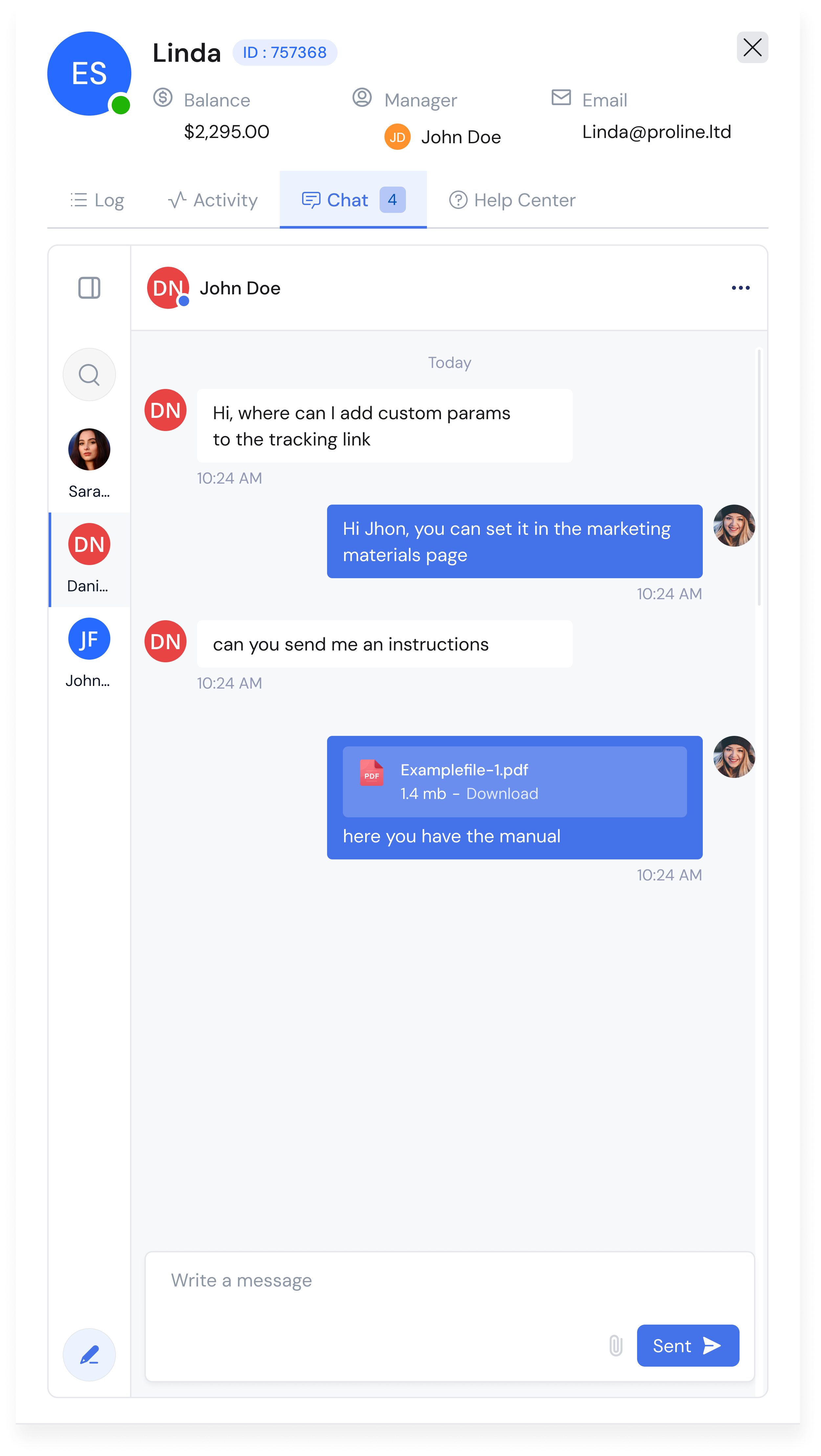 Track360 in-platform chat with affiliate showing file attachment, balance info, and conversation history