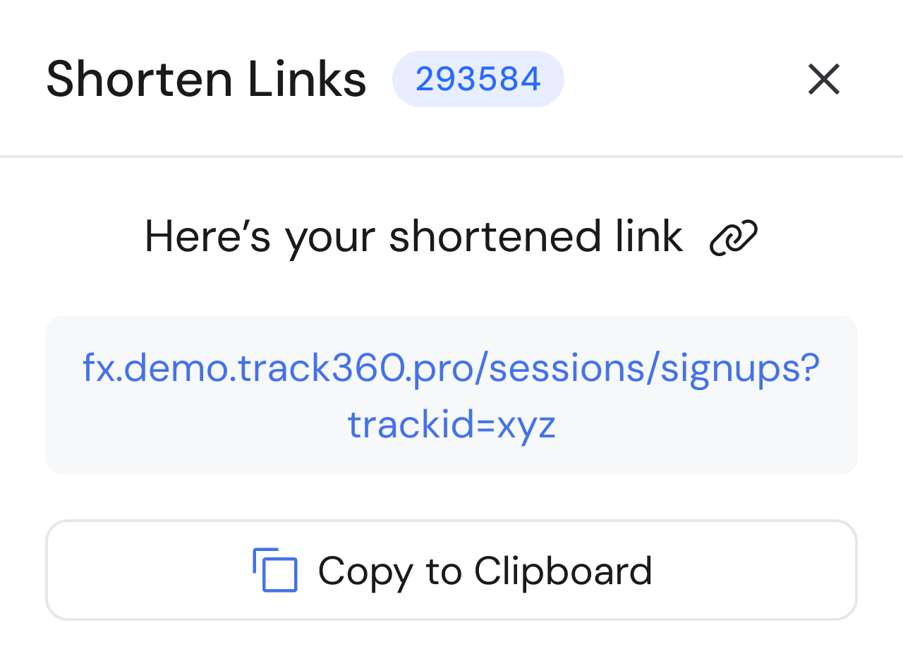 Shortened tracking link with copy to clipboard
