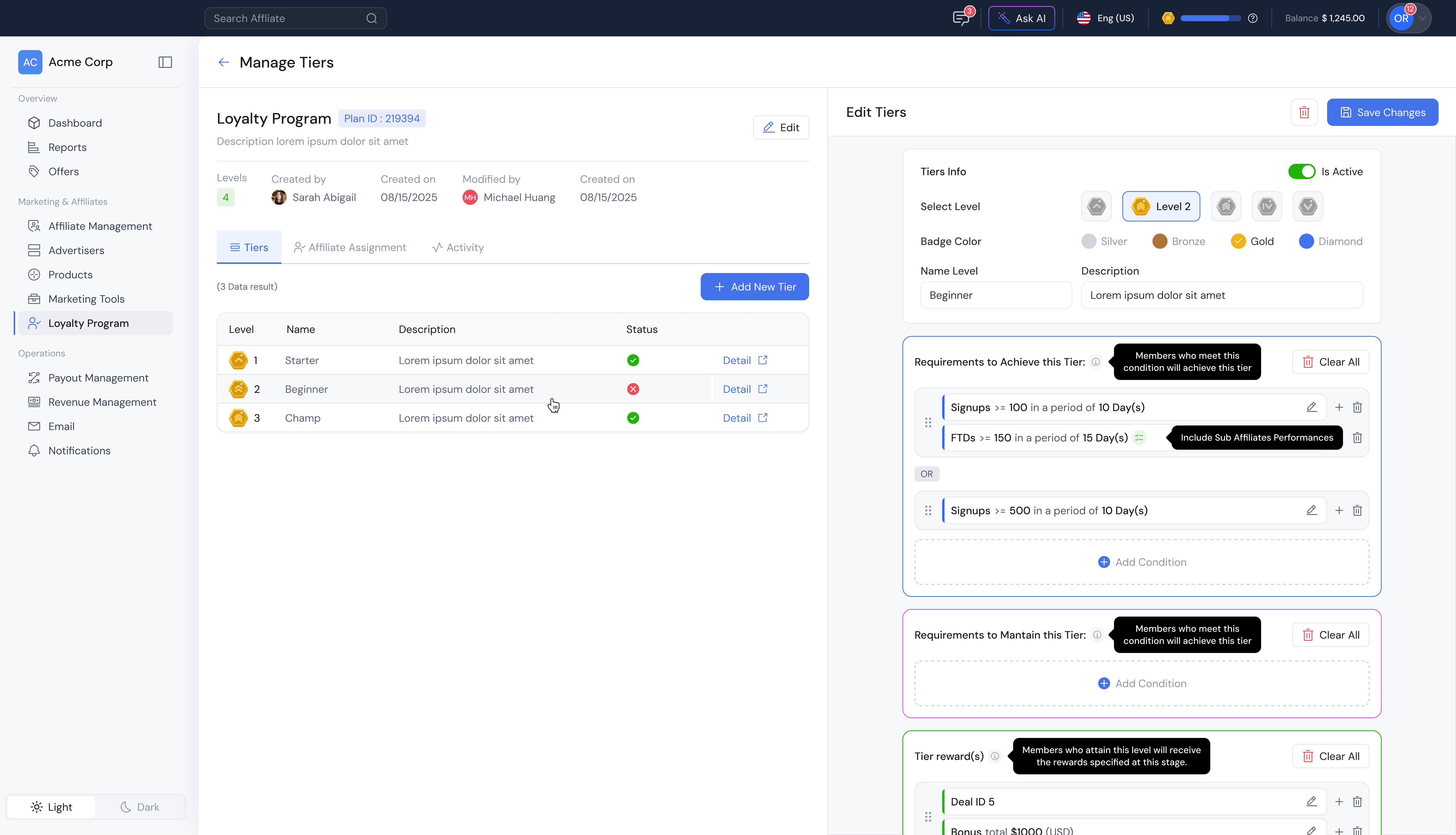 Track360 loyalty program management with tier configuration and achievement conditions