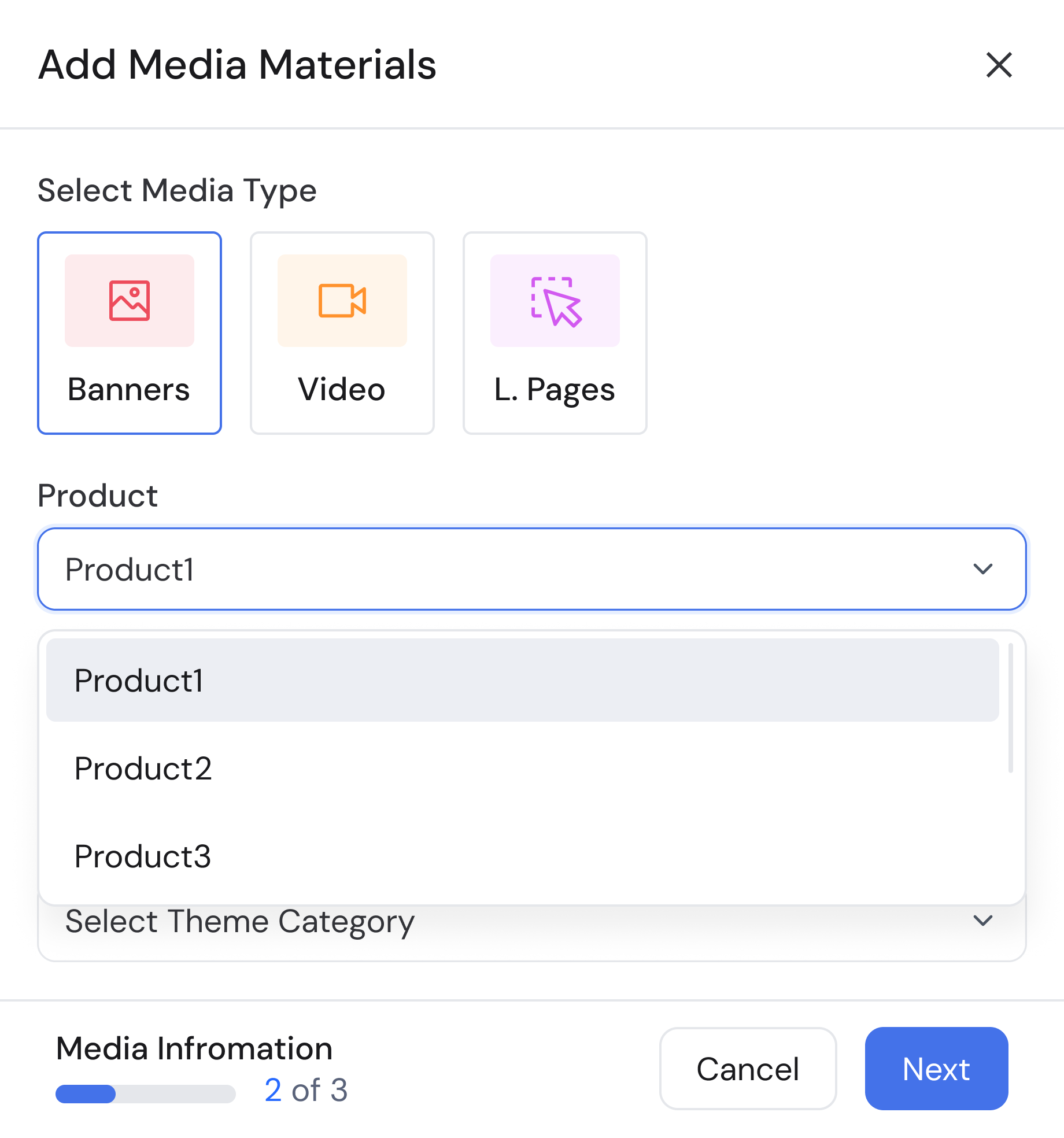Add media materials dialog with media type selection and product configuration