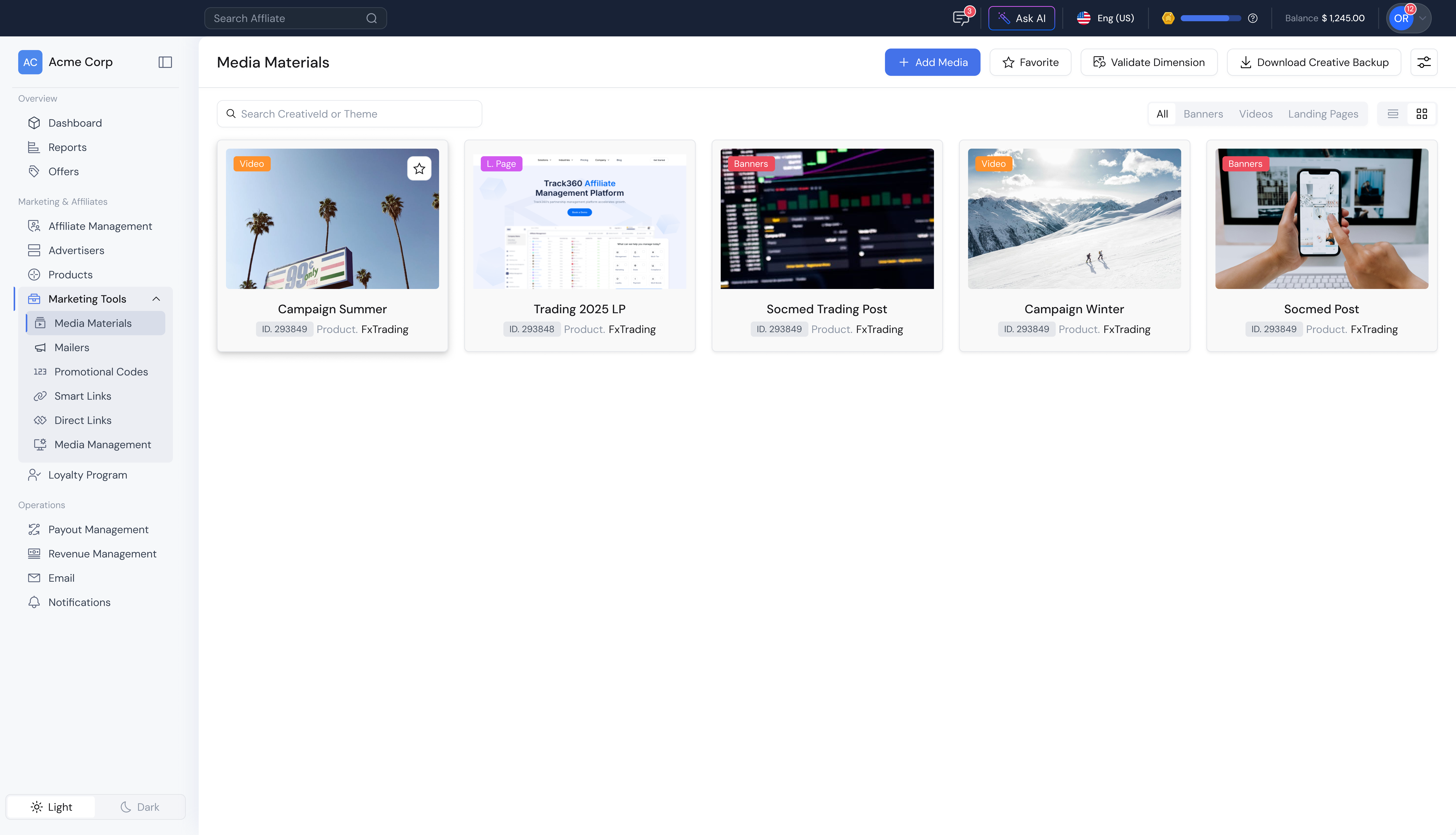 Track360 media materials grid with banners, videos, and landing pages organized by campaign