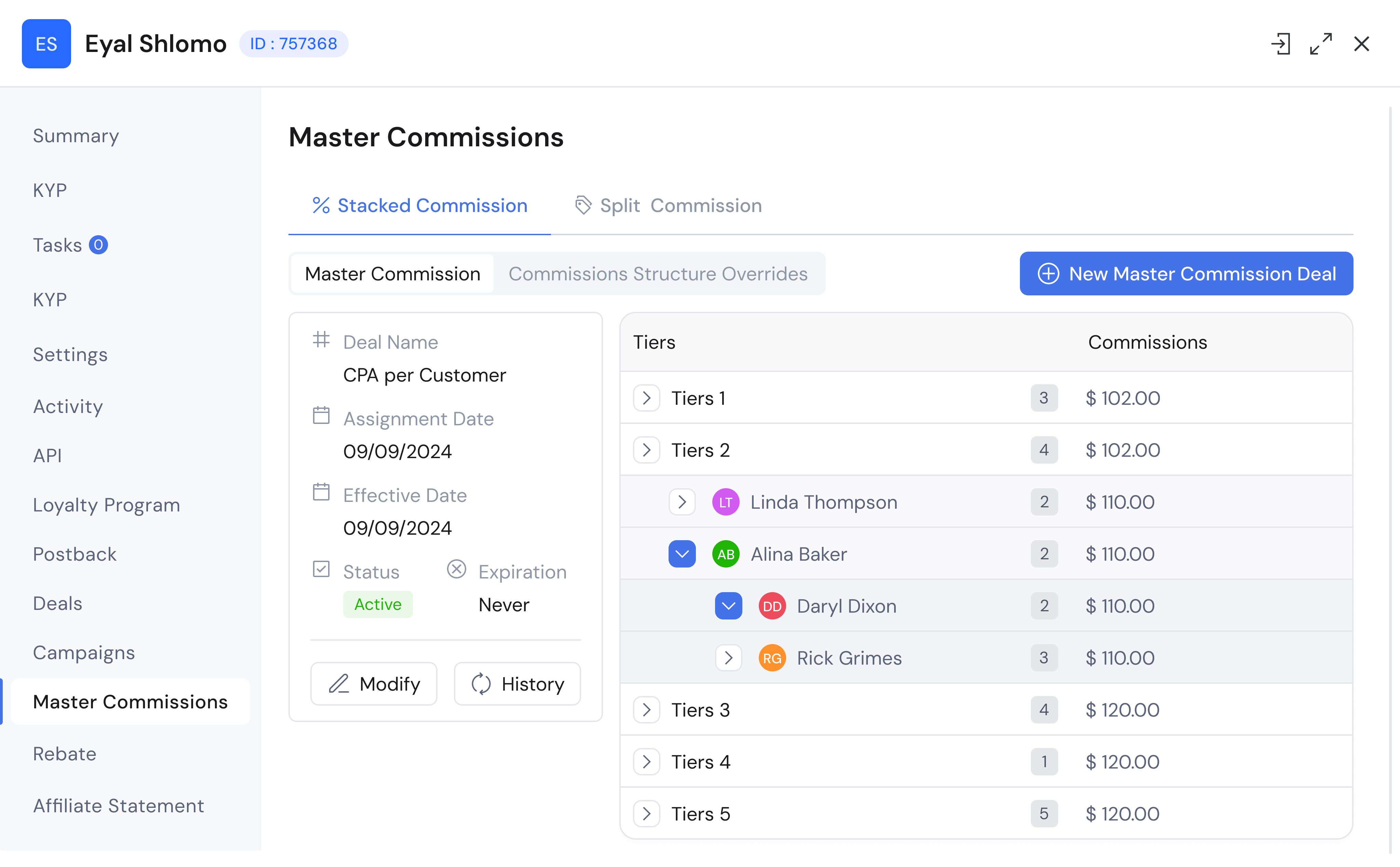 Track360 master commissions with multi-tier structure and per-partner deal configuration