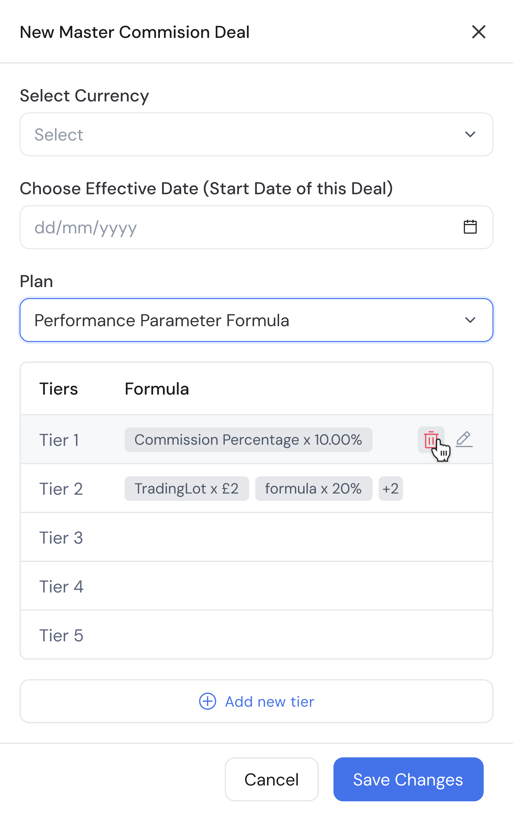 New master commission deal with performance parameter formula and tier configuration
