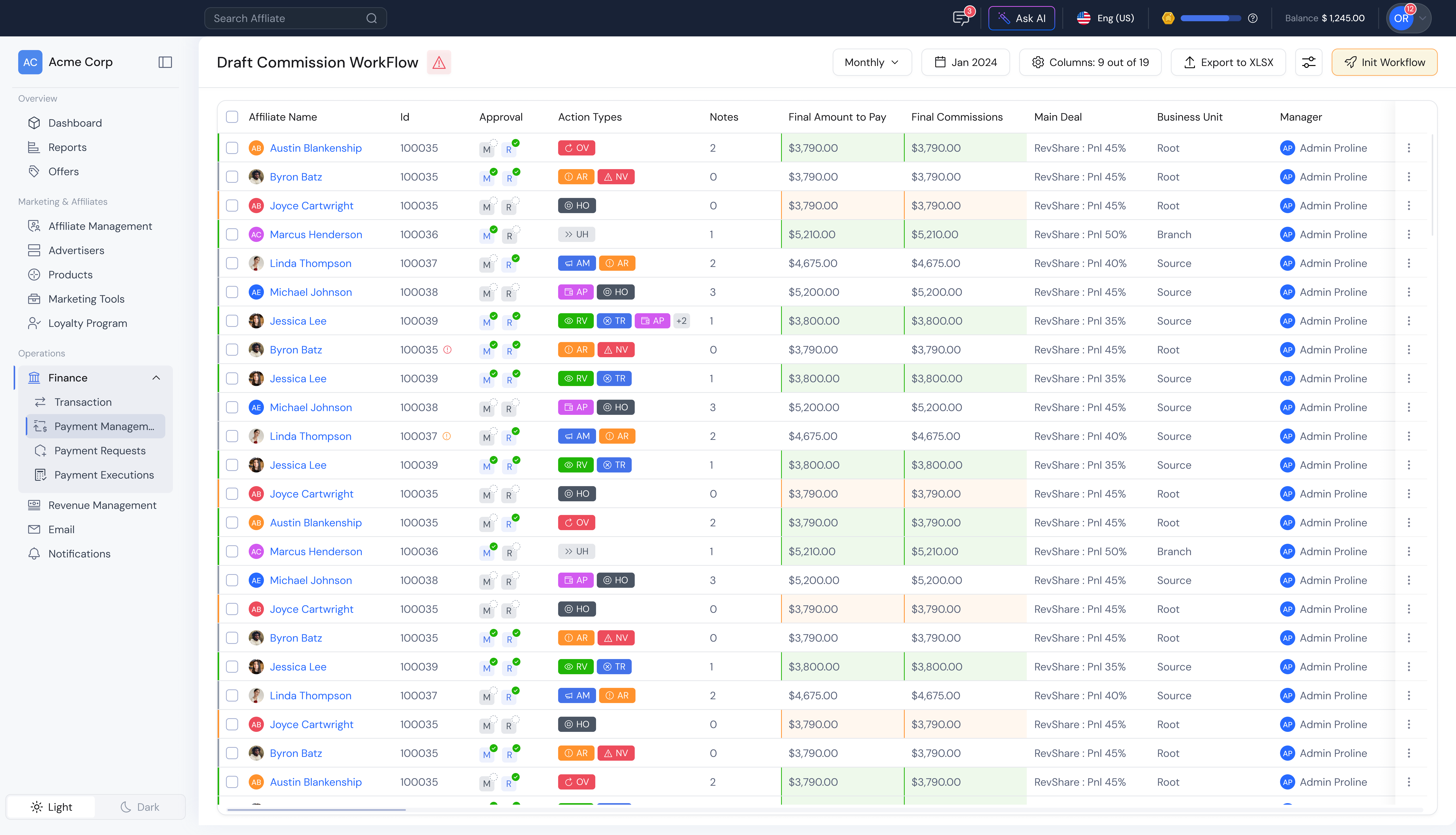 Track360 draft commission workflow with approval status, action types, and payout amounts